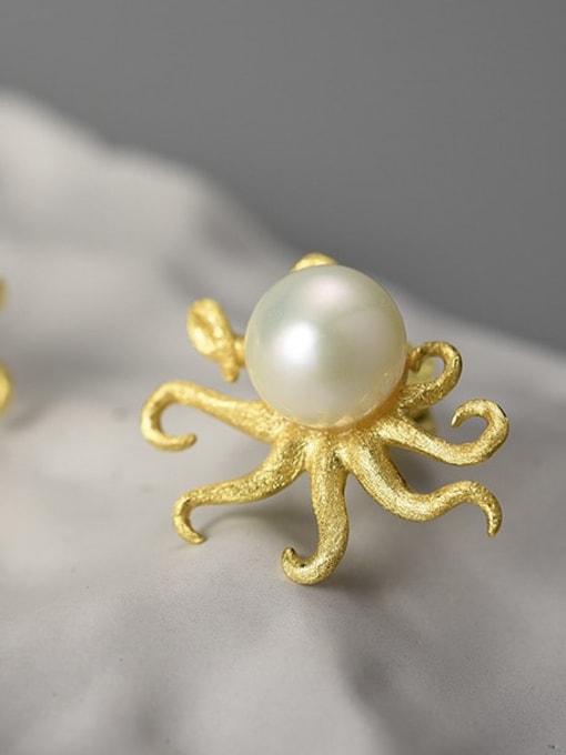 LOLUS 925 Sterling Silver Exaggerated personality creative pearl octopus Artisan Stud Earring 1