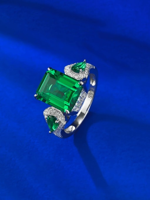 R1021 Emerald 925 Sterling Silver Cubic Zirconia Geometric Luxury Cocktail Ring