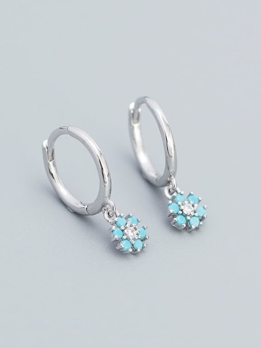 White gold turquoise 925 Sterling Silver Cubic Zirconia Flower Vintage Huggie Earring
