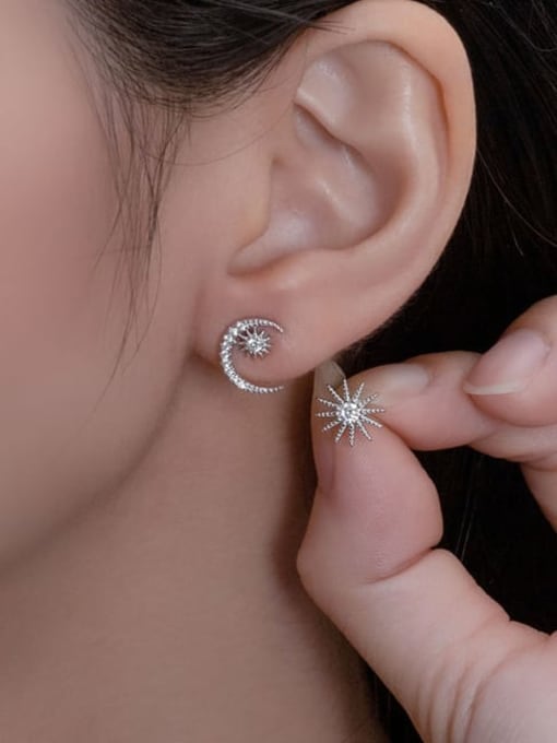A&T Jewelry 925 Sterling Silver Cubic Zirconia Asymmetrical Moon Star Dainty Stud Earring 1