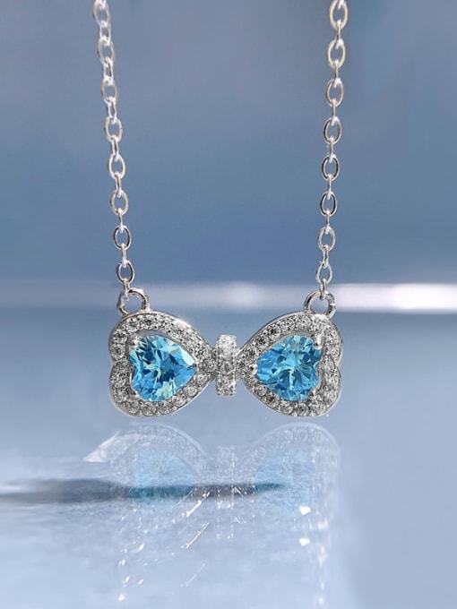 N220 Sea Blue Necklace 925 Sterling Silver Cubic Zirconia Bowknot Dainty Necklace