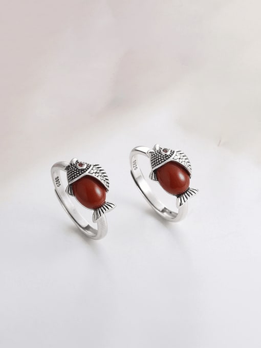 TAIS 925 Sterling Silver Carnelian Fish Vintage Band Ring 2