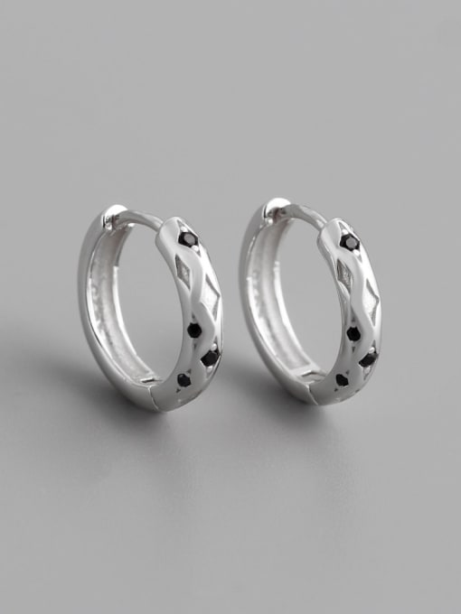 (Black Stone) White Gold 925 Sterling Silver Cubic Zirconia Geometric Minimalist Huggie Earring