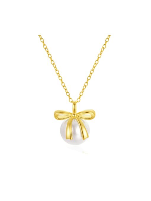 golden 925 Sterling Silver Imitation Pearl Bowknot Dainty Necklace