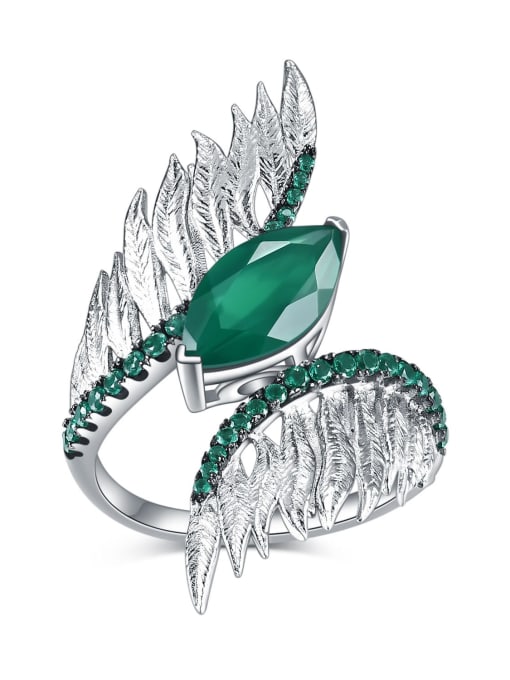Green Agate 925 Sterling Silver Natural Stone Feather Luxury Band Ring