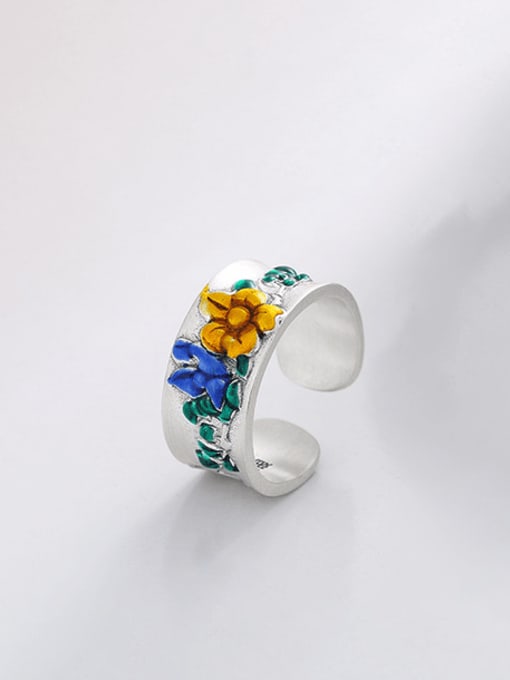 TAIS 925 Sterling Silver Enamel Flower Vintage Band Ring 2