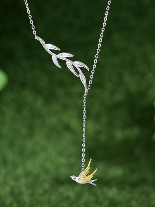 LOLUS 925 Sterling Silver willow warbler flower swallow irregular Artisan Lariat Necklace 1