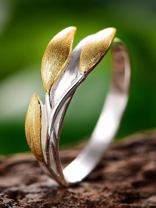 golden 925 Sterling Silver Three-leaf color separation literature and art handmade Artisan Band Ring