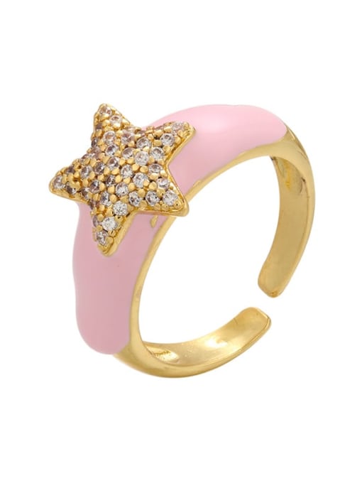 Pink Brass Enamel Rhinestone Star Trend Band Ring
