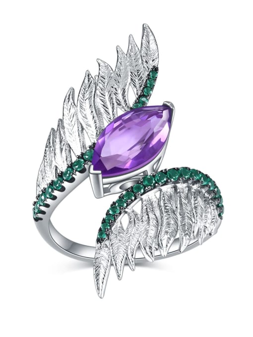 Natural amethyst 925 Sterling Silver Natural Stone Feather Luxury Band Ring