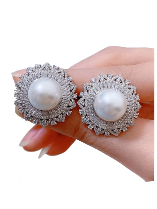 M&J 925 Sterling Silver Shall  Pearl Geometric Luxury Cluster Earring 1