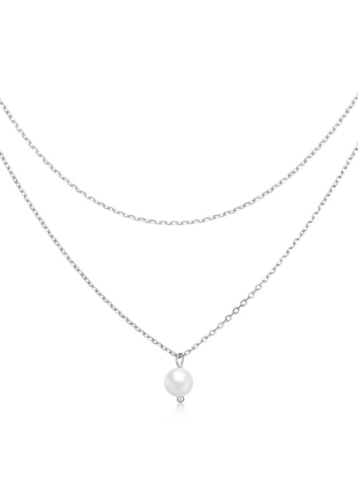 Platinum 925 Sterling Silver Imitation Pearl Geometric Minimalist Multi Strand Necklace