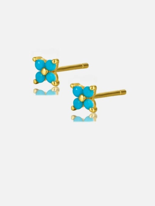 Golden+ turquoise Brass Cubic Zirconia Flower Dainty Stud Earring