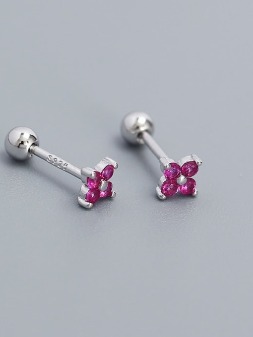 White gold+ red stone 925 Sterling Silver Cubic Zirconia Flower Dainty Stud Earring