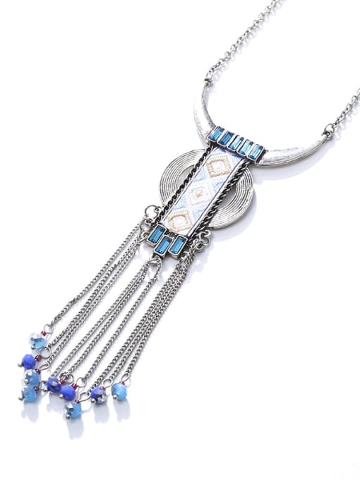 silver Alloy Crystal Fabric Geometric Ethnic Hand-Woven Long Strand Necklace