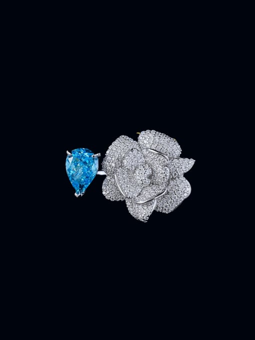 K062 Sea Blue Diamond 925 Sterling Silver Cubic Zirconia Flower Luxury Band Ring