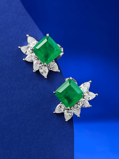 E346 Emerald 925 Sterling Silver Cubic Zirconia Square Luxury Cluster Earring