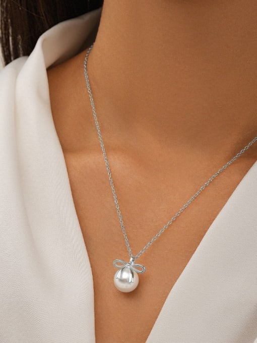 YUANFAN 925 Sterling Silver Imitation Pearl Bowknot Dainty Necklace 2