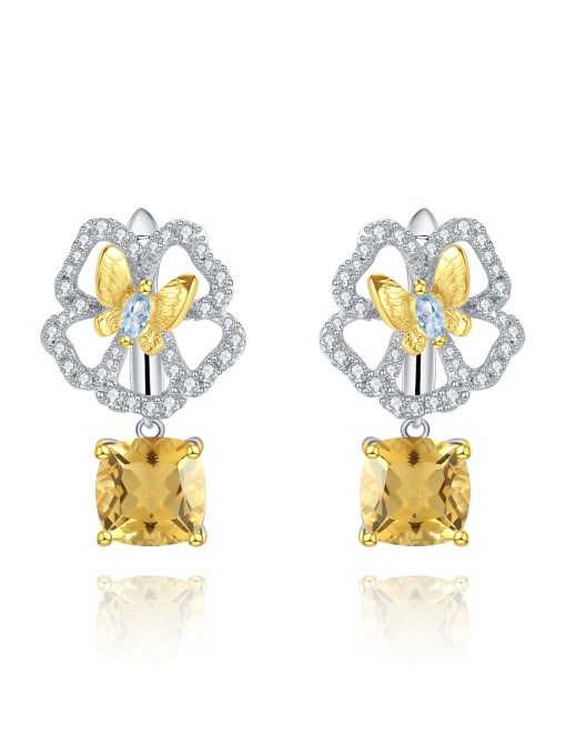 Natural yellow crystal earrings 925 Sterling Silver Natural  Topaz Flower Luxury Drop Earring
