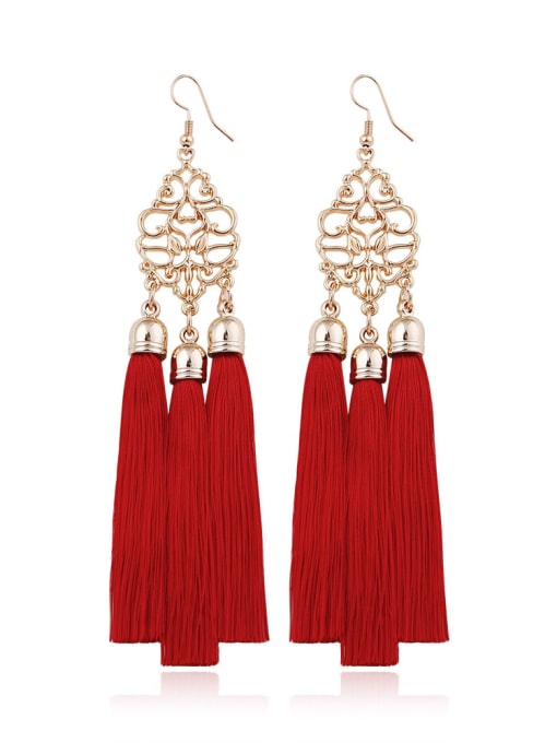 Red e68029 Alloy Tmbroidery threads Tassel Bohemia Hand-Woven Drop Earring