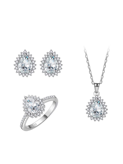 Three piece set US . 6 925 Sterling Silver Cubic Zirconia Minimalist Water Drop  Earring Ring and Necklace Set