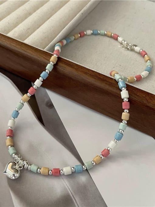 Colorful stone Love Necklace 925 Sterling Silver Natural Stone Heart Vintage Necklace