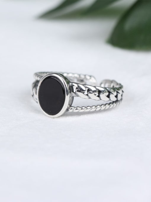 ACEE 925 Sterling Silver Agate Black Geometric Vintage Band Ring 0