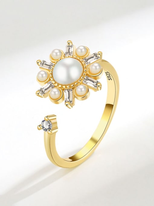 18K Gold 925 Sterling Silver Imitation Pearl Flower Minimalist Rotate  Band Ring