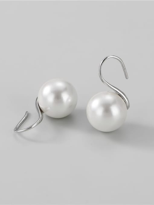 Platinum 925 Sterling Silver Imitation Pearl Round Minimalist Hook Earring
