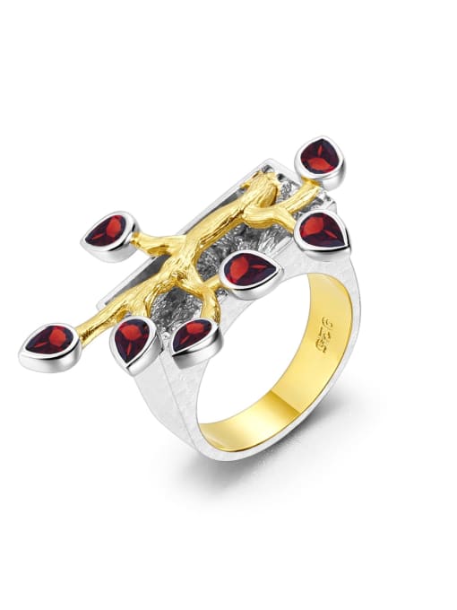 Natural Garnet Ring 925 Sterling Silver Swiss Blue Topaz Irregular Classic Branches Band Ring