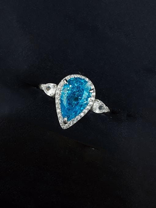 R1037 Sea Blue 925 Sterling Silver High Carbon Diamond Pear Shaped Luxury Cocktail Ring