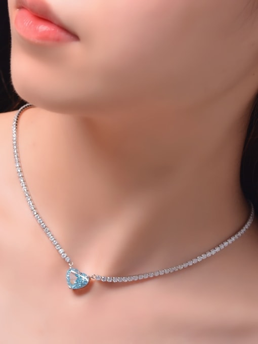 A&T Jewelry 925 Sterling Silver High Carbon Diamond Blue Heart Luxury Choker Necklace 1