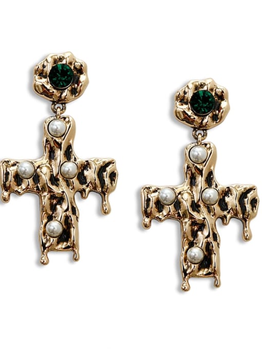 Green e68826 Zinc Alloy Imitation Pearl Cross Bohemia Chandelier Earring