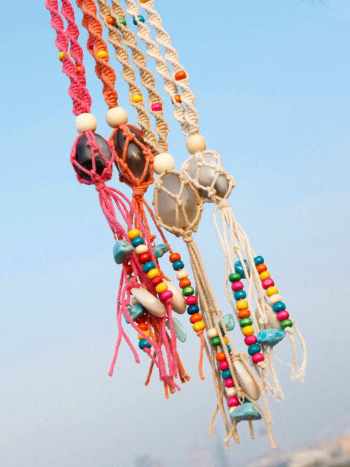 JMI Bead Cotton Rope Stone Tassel Hand-Woven Artisan Lariat Necklace 1