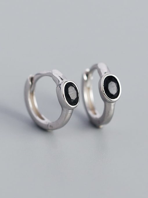 Platinum (Black stone) 925 Sterling Silver Cubic Zirconia Geometric Minimalist Huggie Earring