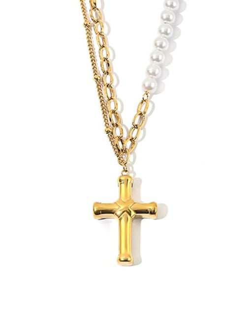 MEN PO Titanium Steel Imitation Pearl Cross Minimalist Regligious Necklace 0