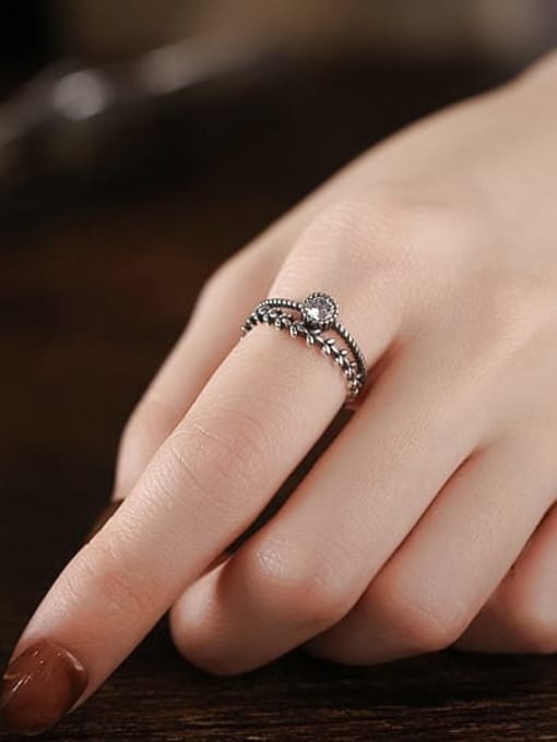TAIS 925 Sterling Silver Cubic Zirconia Leaf Vintage Stackable Ring 2