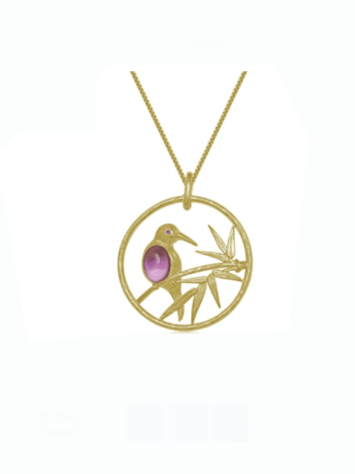 ZXI-SILVER JEWELRY 925 Sterling Silver Amethyst Bird Artisan Round Pendant Necklace 0