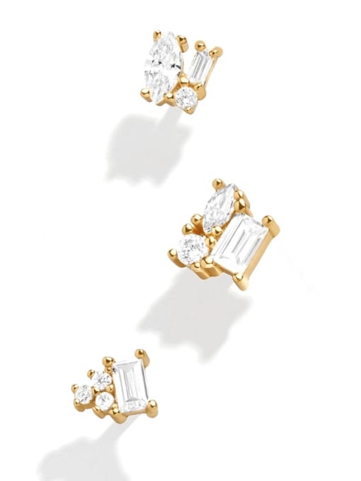 3 sets of gold + white 925 Sterling Silver Cubic Zirconia Geometric Dainty Stud Earring