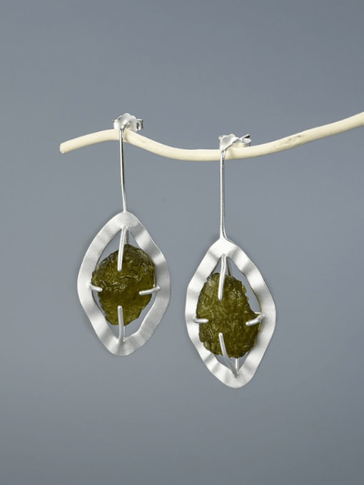 Silver green 925 Sterling Silver Natural Stone Leaf Artisan Drop Earring