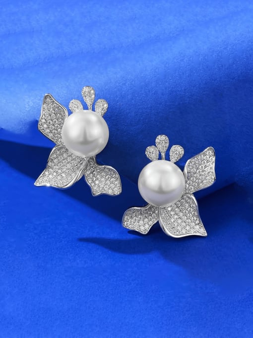 M&J 925 Sterling Silver Imitation Pearl Flower Luxury Cluster Earring 1