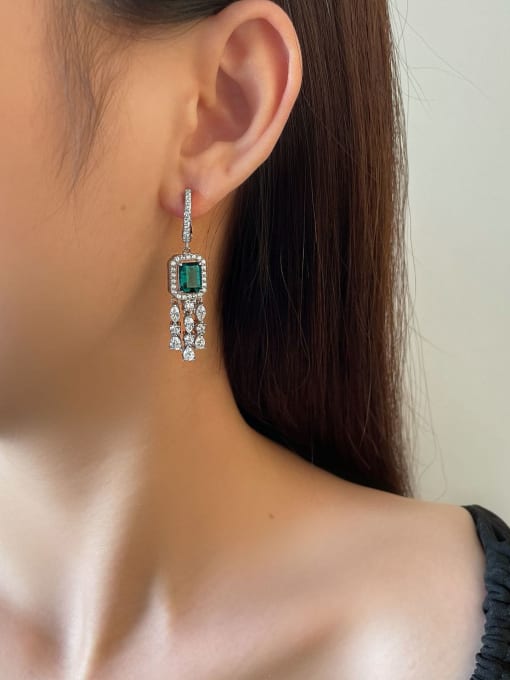 A&T Jewelry 925 Sterling Silver High Carbon Diamond Green Tassel Luxury Drop Earring 1