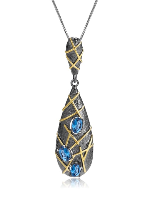 London lantopa Stone Pendant + chain 925 Sterling Silver Amethyst Water Drop Vintage Necklace
