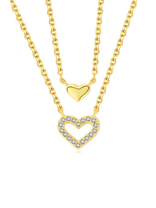A2886 Gold 925 Sterling Silver Cubic Zirconia Heart Minimalist Multi Strand Necklace