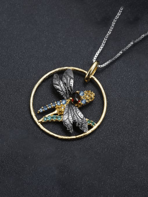 ZXI-SILVER JEWELRY 925 Sterling Silver Natural Topaz Dragonfly Artisan Round Pendant Necklace 1