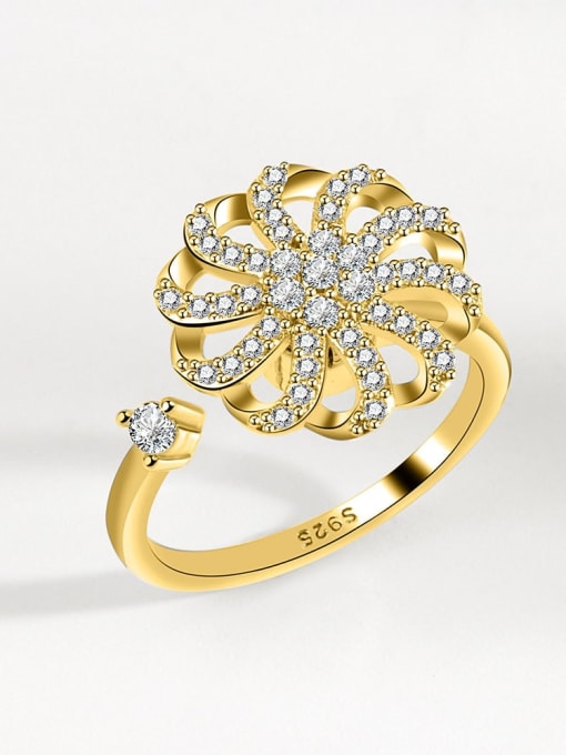 18k gold 925 Sterling Silver Cubic Zirconia Rotate Flower Hip Hop Band Ring