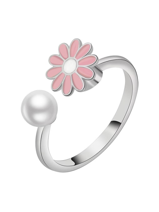 Platinum (pink) 925 Sterling Silver Enamel Imitation Pearl Flower Cute  Can Be Rotated Band Ring