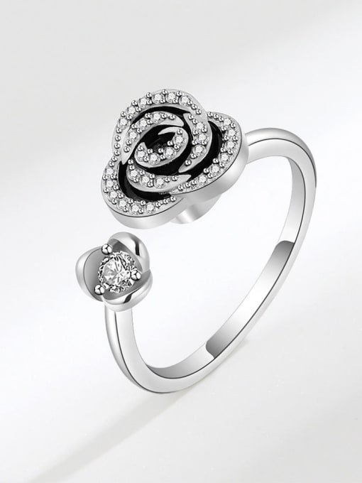 Platinum 925 Sterling Silver Cubic Zirconia Flower Artisan Can Be Rotated Band Ring
