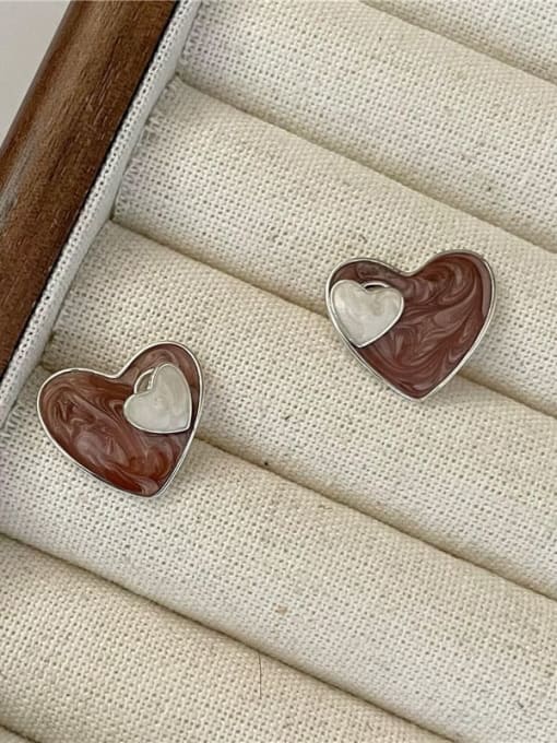 Amber 925 Sterling Silver Cubic Zirconia Enamel Heart Vintage Stud Earring