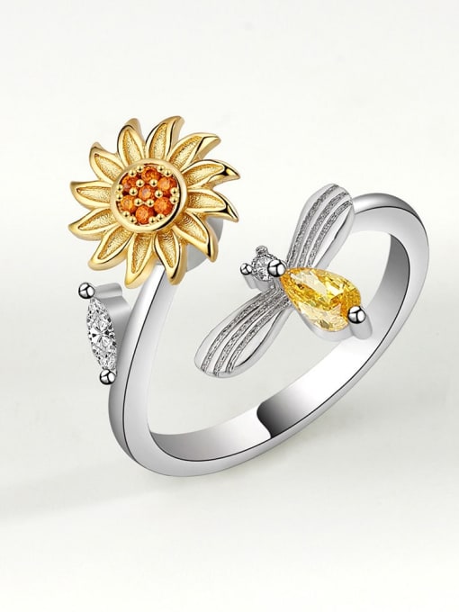 Platinum gold (fractional gold) 925 Sterling Silver Cubic Zirconia Flower Cute   Rotate Lettering  Band Ring